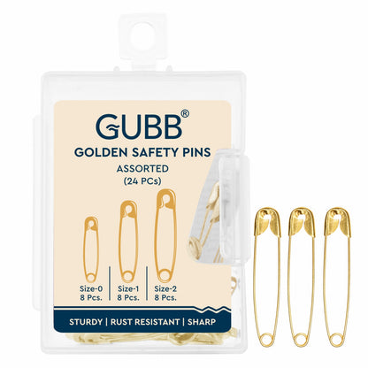 GUBB Golden Safety Pins – Assorted Sizes (Small, Medium, Large) Pack Of 24