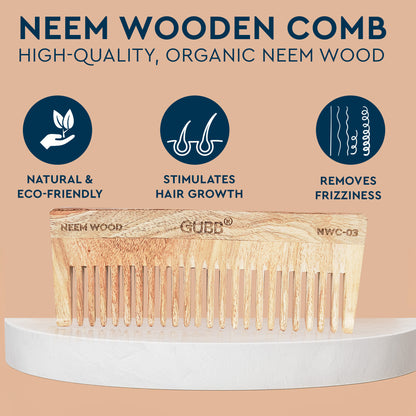 Wide Teeth Neem Wood Comb - Natural