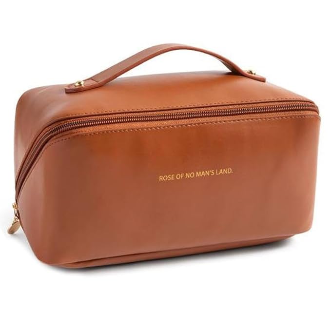 GUBB Multifunctional Travel Makeup Bag | Large Capacity Portable Leather Makeup Bag with Convinient & Durable Handle | Cosmetics Storage Bag with Waterproof PU Leather Fabric - Brown