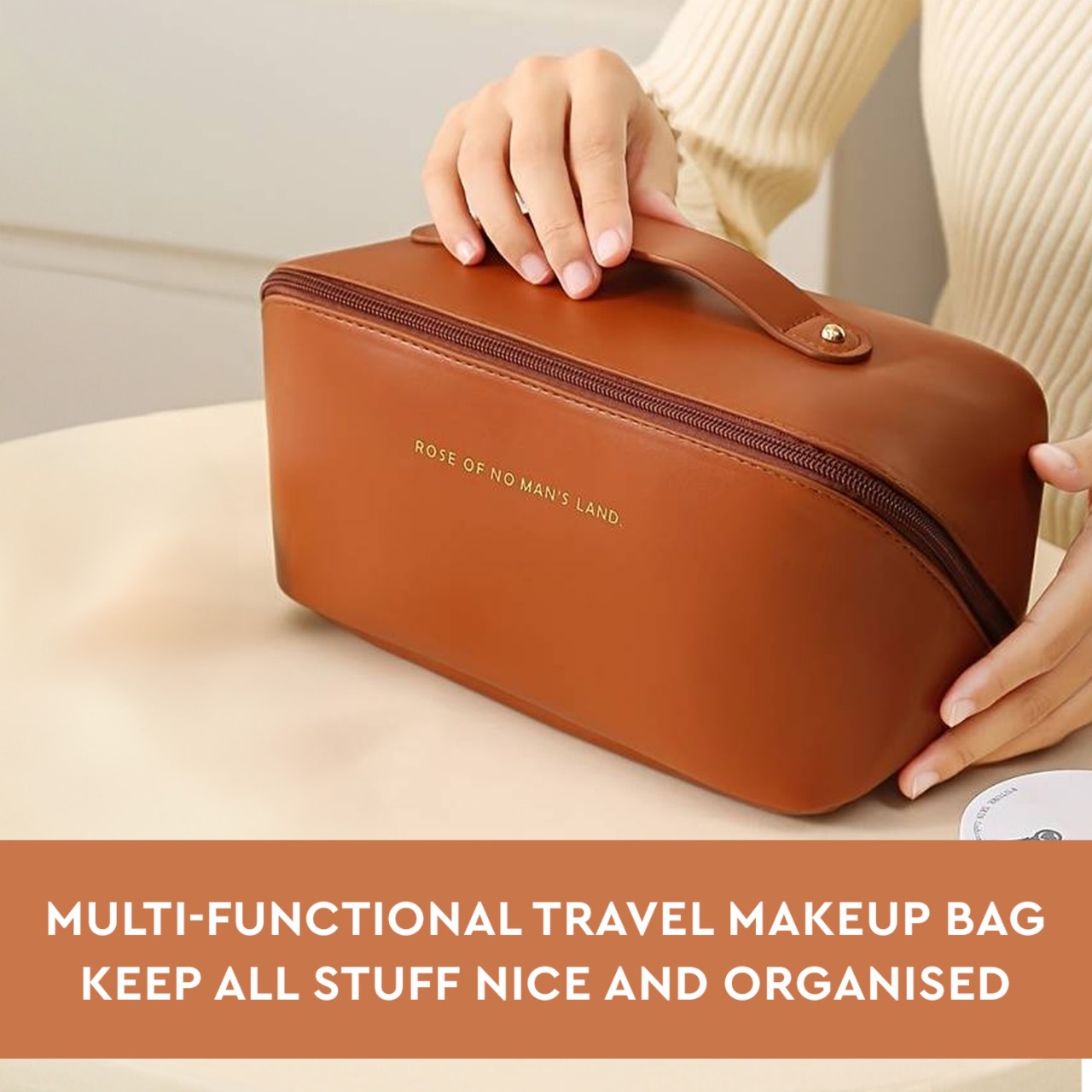 GUBB Multifunctional Travel Makeup Bag | Large Capacity Portable Leather Makeup Bag with Convinient & Durable Handle | Cosmetics Storage Bag with Waterproof PU Leather Fabric - Brown